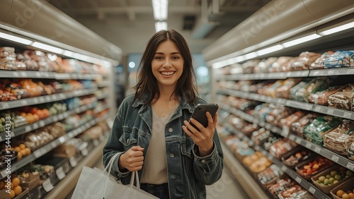 Portrait of happy woman buying groceries in supermarket and looking at camera. Purchasing Goods with Smartphone at Grocery Store. Female customer shopping with smartphone checklist