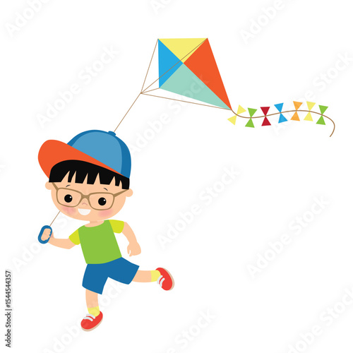 Cute  boy with kite vector cartoon illustration
