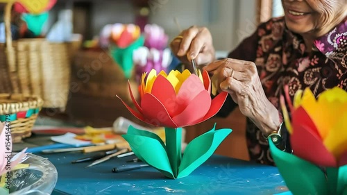 Wallpaper Mural Close-up of an elderly woman's skilled hands smiling as she carefully assembles a beautiful, colorful paper lotus flower in her workshop Torontodigital.ca