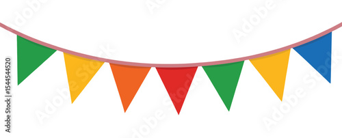 colorful triangular bunting flags hanging on string against blue sky, perfect for festivals, parties, celebrations, and joyful events