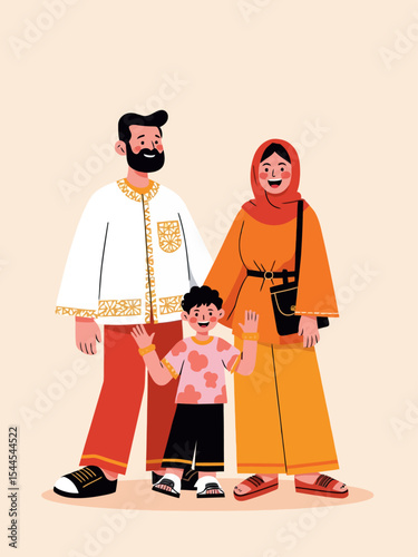  Happy malay family with traditional attire cartoon illustration