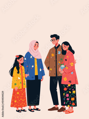  Happy malay family with traditional attire cartoon illustration