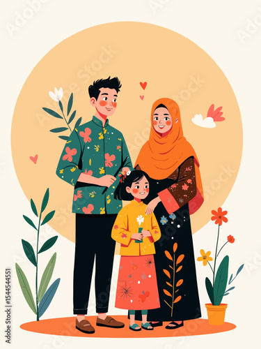 Happy malay family with traditional attire cartoon illustration