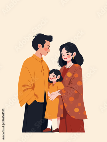  Happy malay family with traditional attire cartoon illustration