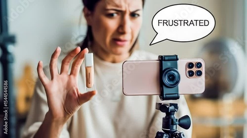 Wallpaper Mural A frustrated woman records a negative review of a cosmetic product, expressing disappointment while vlogging with her smartphone on a tripod Torontodigital.ca