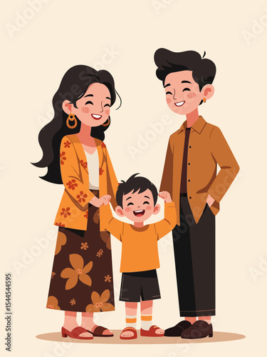  Happy malay family with traditional attire cartoon illustration