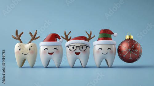 Cheerful teeth characters dressed with festive holiday attire showcase merry Christmas cheer on blue backdrop
