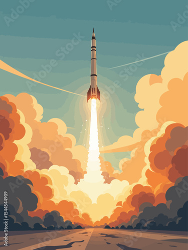 Iranian missile launch illustration with explosion and map of iran for news and political analysis