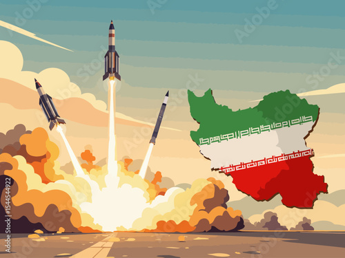 Iranian missile launch illustration with explosion and map of iran for news and political analysis