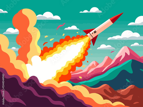 Iranian missile launch illustration with explosion and map of iran for news and political analysis