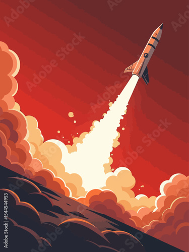 Iranian missile launch illustration with explosion and map of iran for news and political analysis