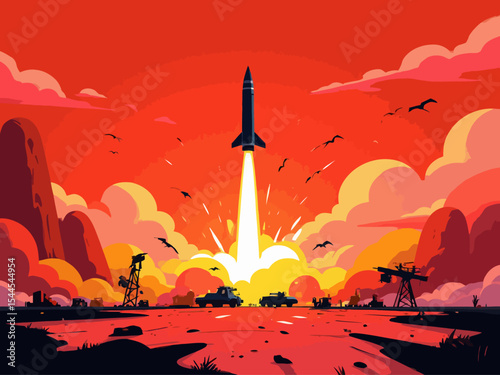 Iranian missile launch illustration with explosion and map of iran for news and political analysis