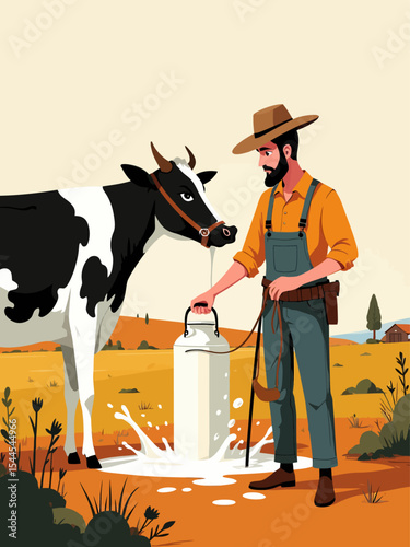 Milking of a cow , livestock industry, food and drink industry, fresh milk from cow, farmer and his cow