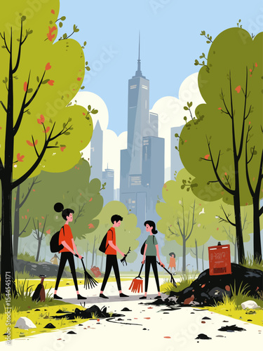 people clean up city park vector illustration, volunteers cleaning up city park from waste and trash, dirty park website concept