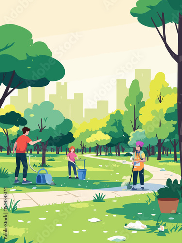 people clean up city park vector illustration, volunteers cleaning up city park from waste and trash, dirty park website concept