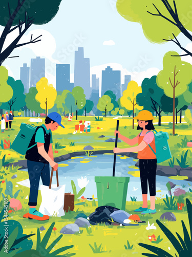 people clean up city park vector illustration, volunteers cleaning up city park from waste and trash, dirty park website concept