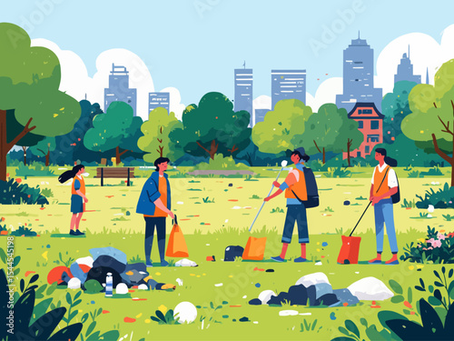 people clean up city park vector illustration, volunteers cleaning up city park from waste and trash, dirty park website concept