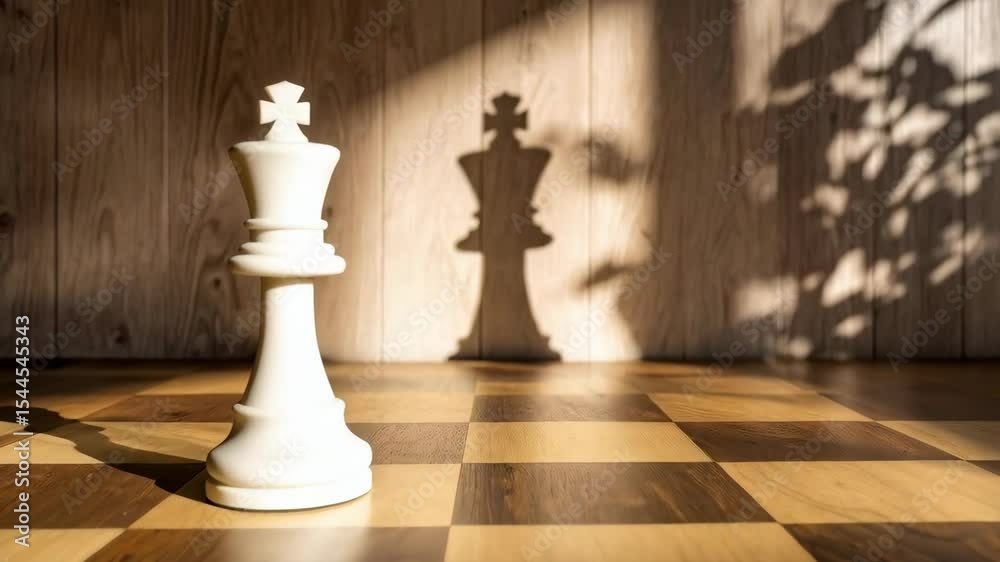 Chess pawn casting a king shadow on a chessboard, symbolizing potential, ambition, transformation, and strategy against a wood wall backdrop.