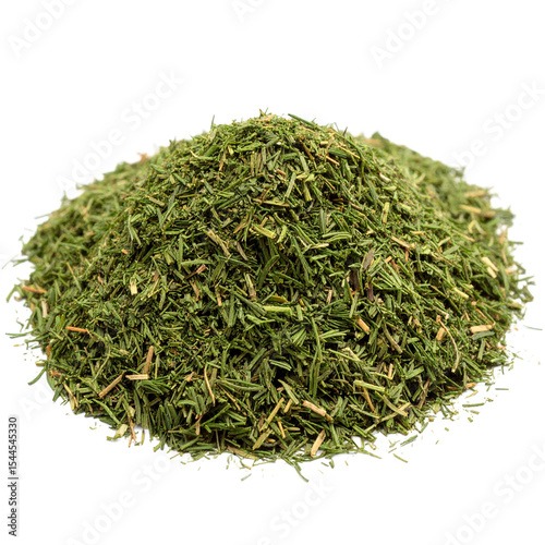 Aromatic dried dill weed, culinary spice preparation, heap presentation on transparent background