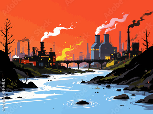 polluted water by industrial production, dead and dirty river in factory area illustration, Water pollution with industry waste in river