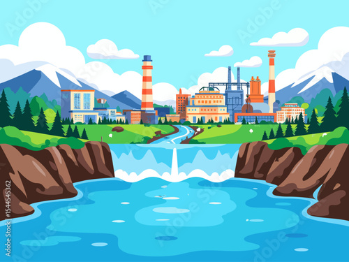 polluted water by industrial production, dead and dirty river in factory area illustration, Water pollution with industry waste in river