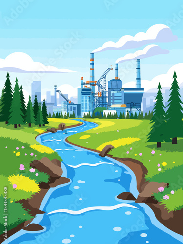 polluted water by industrial production, dead and dirty river in factory area illustration, Water pollution with industry waste in river