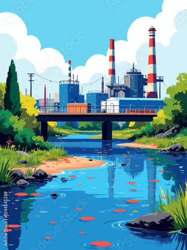 polluted water by industrial production, dead and dirty river in factory area illustration, Water pollution with industry waste in river
