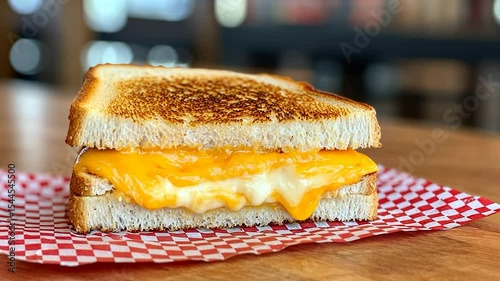 Melted golden cheese sandwich on toasted white bread served on red checkered paper against a warm wooden background
