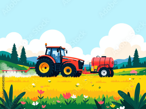  ractor spraying pesticides on farm field with sprayer machine vector illustration, agricultural industry website concept