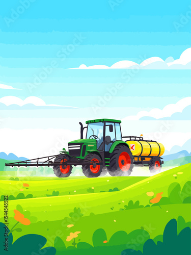  ractor spraying pesticides on farm field with sprayer machine vector illustration, agricultural industry website concept