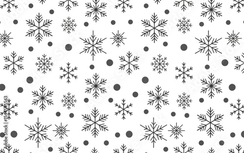Seamless black and white snowflake pattern with dots on white background, ideal for winter, Christmas, and seasonal design projects