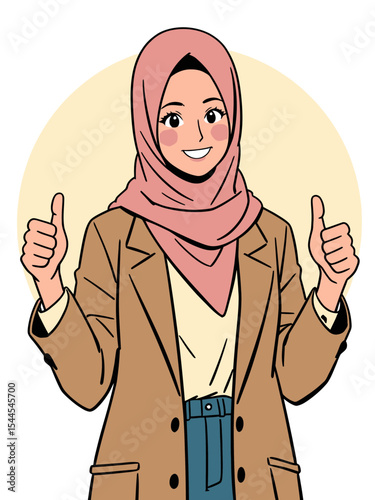 Smiling hijab muslim female thumbs up vector flat illustration