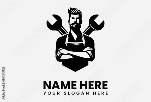 A bearded mechanic, arms crossed, flanked by wrenches, logo design.