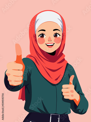 Smiling hijab muslim female thumbs up vector flat illustration