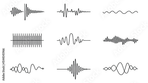 collection of nine distinct sound waveforms visualizing audio signals, including sine waves, modulations, and complex oscillations