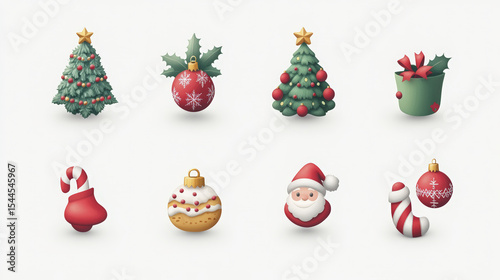 Colorful Christmas ornaments and objects are presented on a clean white surface, perfect for holiday cheer