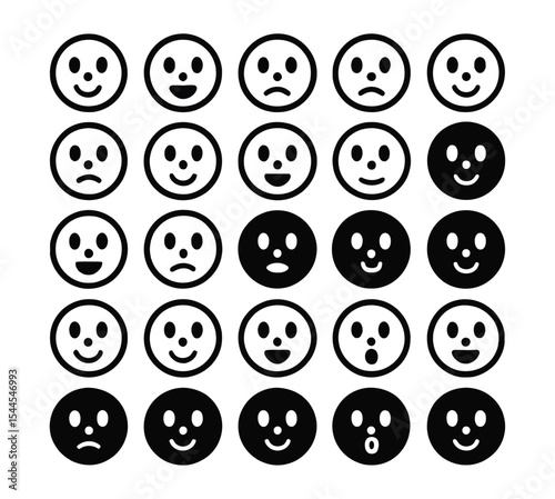 black and white emoticon faces collection displaying diverse human emotions in a clean grid pattern, minimalist line art icons
