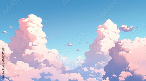 Illustration of fluffy pink clouds against a bright blue sky on a sunny day with soft lighting