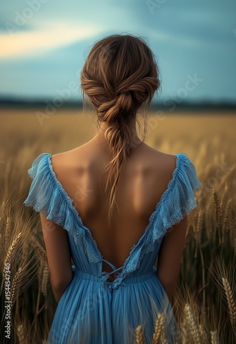 A woman in a blue dress stands in a wheat field, facing away.