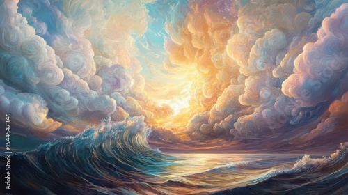 Ocean wave under a dramatic sky filled with fluffy clouds and a bright sun painting in oil style