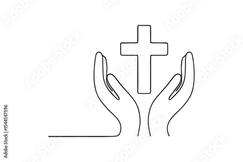 Hands holding cross continuous one line drawing minimalism design