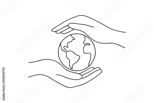 Hands holding globe continuous one line drawing minimalism design