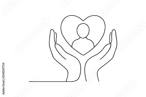 Hands holding heart and person continuous one line drawing minimalism design