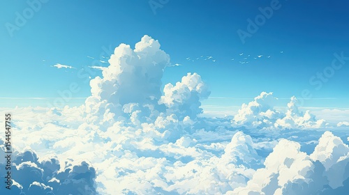 A scenic view of fluffy white clouds scattered across a bright blue sky with birds flying above them