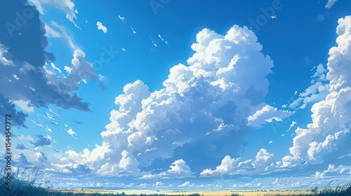 A picturesque view of fluffy white clouds against a bright blue sky over a golden field landscape
