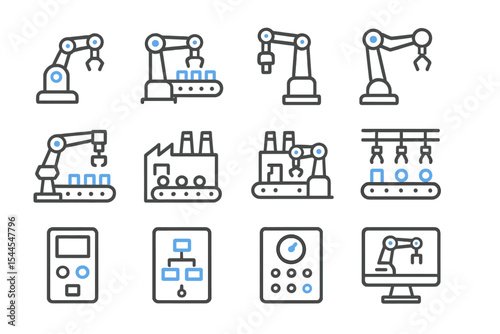 Industrial automation icons: robotic arms, control panels, manufacturing equipment