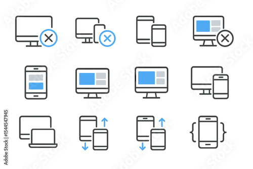 Responsive design concepts with device icons and interactions