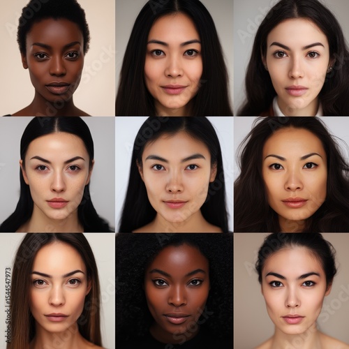 Asian women with dark skin tones, a White-skinned European women, and a Black women without makeup. Different races. Beauty. Ethnicity, age