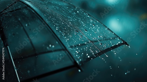 An umbrella with raindrops. Water droplets on the surface of the transparent material