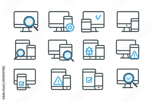 Seamless device synchronization icons with magnifying glass and settings gear